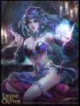  1girl book breasts candle card cleavage copyright_name electricity green_hair highres legend_of_the_cryptids lipstick long_hair magic makeup midriff nail_polish official_art sitting solo veil violet_eyes yu-han_chen 