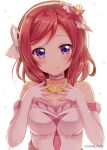  1girl bare_shoulders blush bow breasts choker commentary_request cover cover_page doujin_cover dress elbow_gloves flower gloves hair_flower hair_ornament hairband hands_on_own_chest head_tilt jewelry looking_at_viewer love_live! love_live!_school_idol_project medium_breasts necklace nishikino_maki pink_bow pink_choker pink_gloves redhead sakurai_makoto_(custom_size) short_hair smile solo strapless strapless_dress sweat textless upper_body violet_eyes 