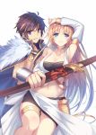  1boy 1girl arm_up armpits bare_shoulders black_hair blonde_hair blue_eyes blush bracelet breasts cape cleavage detached_sleeves fur_coat headgear hyakuren_no_haou_to_seiyaku_no_valkyria jewelry large_breasts long_hair midriff navel short_hair skirt sword thigh_strap violet_eyes weapon yukichin 