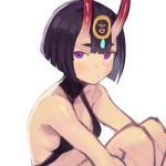  1girl bare_shoulders breasts closed_mouth fate/grand_order fate_(series) headpiece highres horns looking_at_viewer oni oni_horns purple_hair revealing_clothes short_hair shuten_douji_(fate/grand_order) sitting slit_pupils small_breasts solo sookmo violet_eyes white_background 