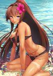  1girl ahoge alternate_costume alternate_eye_color anklet arm_support artist_name ass bangle bangs bare_shoulders beach belly_chain between_legs bikini black_bikini blush bracelet bracelt breasts brown_hair cleavage closed_mouth day flower groin hair_flower hair_intakes hair_ornament hand_between_legs jewelry kantai_collection large_breasts leaning_forward long_hair looking_at_viewer navel ocean open_mouth outdoors partially_submerged petals petals_on_liquid pink_flower ponytail sakiyamama sidelocks signature sitting skindentation smile solo stomach strapless strapless_bikini swimsuit tan tanline thighs very_long_hair violet_eyes water wet yamato_(kantai_collection) yokozuwari 