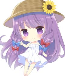  1girl barefoot blue_ribbon blush braid chibi commentary_request dress eyebrows_visible_through_hair flower hat kagome_f patchouli_knowledge purple_hair red_ribbon ribbon smile sun_hat sundress sunflower touhou twin_braids violet_eyes white_dress 