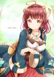  1girl ahoge atelier_(series) atelier_sophie blue_coat blush breasts brown_eyes brown_hair closed_mouth coat collarbone commentary_request copyright_name hair_ornament head_scarf highres long_hair long_sleeves looking_at_viewer medium_breasts open_clothes open_coat pleated_skirt red_skirt skirt smile solo sophie_neuenmuller wide_sleeves zenon_(for_achieve) 
