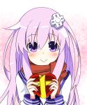  1girl blush box d-pad d-pad_hair_ornament gift hair_between_eyes hair_ornament heart-shaped_box holding holding_gift kurozero long_hair looking_at_viewer nepgear neptune_(series) purple_hair red_scarf scarf smile solo upper_body valentine violet_eyes 