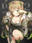  1girl anmi arm_up bangs blush bow breasts brown_hair bullpup cleavage closed_mouth counting dog_tags double_bun dress eyebrows_visible_through_hair fur_trim girls_frontline green_bow green_eyes green_legwear gun hair_bow headset holding holding_gun holding_weapon jacket kel-tec_rfb long_hair looking_at_viewer medium_breasts open_clothes open_jacket rfb_(girls_frontline) rifle short_dress smile solo striped striped_legwear v weapon 