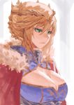  1girl artoria_pendragon_(all) artoria_pendragon_(lancer) blonde_hair blue_dress braid breasts cape cleavage cleavage_cutout closed_mouth commentary crown dress fate/grand_order fate_(series) from_side fur_trim green_eyes hair_between_eyes huge_breasts red_cape solo upper_body zakusi 