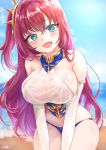  1girl :d aqua_eyes aye azur_lane bangs beach blush breasts bright_pupils cross elbow_gloves eyebrows_visible_through_hair fang gloves hair_intakes head_tilt large_breasts long_hair looking_at_viewer ocean one_side_up open_mouth redhead sideboob smile solo surcouf_(azur_lane) thighs very_long_hair water white_gloves white_pupils 