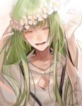  :d androgynous blush closed_eyes enkidu_(fate/strange_fake) facing_viewer fate/strange_fake fate_(series) green_hair hands_up head_wreath long_hair mizutame_tori open_mouth signature simple_background smile very_long_hair white_background wide_sleeves 