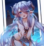  1girl blue_eyes blush breasts cleavage collarbone commentary_request de_da_xianyu draph earrings granblue_fantasy hair_ornament hair_over_one_eye happy_birthday horns jewelry lavender_hair letter lighthouse long_hair looking_at_viewer love_letter medium_breasts narmaya_(granblue_fantasy) open_mouth pointy_ears solo star star_earrings swimsuit very_long_hair 