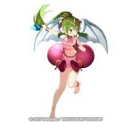 1girl :d ankleband bangs barefoot blush bracelet dress fire_emblem fire_emblem_heroes floating_hair full_body green_eyes green_hair headpiece holding jewelry long_hair matsui_hiroaki official_art open_mouth pink_dress pointy_ears ponytail short_dress simple_background smile solo standing standing_on_one_leg tiki_(fire_emblem) watermark white_background wings