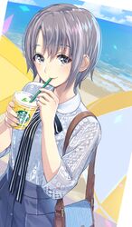  1girl bag bangs beach beach_umbrella blue_skirt blue_sky blush closed_mouth cup drinking drinking_straw grey_eyes grey_hair grey_shirt idolmaster idolmaster_cinderella_girls looking_at_viewer ocean otokura_yuuki shirt short_hair shoulder_bag skirt sky smile solo starbucks umbrella yahako 