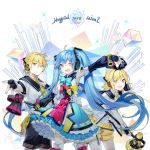  1boy 2girls :d ;d armpits black_gloves black_shorts blonde_hair blue_bow blue_eyes blue_hair blue_skirt bow bowtie cowboy_shot detached_sleeves fingerless_gloves gloves hair_between_eyes hair_ornament hairclip hand_in_hair hatsune_miku headphones holding holding_microphone kagamine_len kagamine_rin layered_skirt leaning_forward long_hair looking_at_viewer magical_mirai_(vocaloid) microphone multiple_girls necktie one_eye_closed open_mouth popuru shirt short_hair short_shorts short_sleeves shorts skirt sleeveless sleeveless_shirt smile standing thigh-highs twintails very_long_hair vocaloid white_background white_legwear white_shirt yellow_neckwear yellow_shorts 