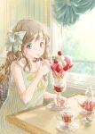 1girl absurdres arm_up bare_arms breasts brown_hair cafe camisole chair cherry collarbone cup curtains dress food fruit green_eyes hair_ribbon hand_rest highres hoshiibara_mato ice_cream indoors long_hair looking_at_viewer original parfait raspberry ribbon sitting sleeveless sleeveless_dress small_breasts smile solo spoon spoon_in_mouth strawberry striped striped_dress striped_ribbon sugar_cube table teacup teapot upper_body white_camisole window 