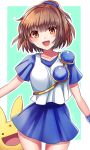  1girl :d arle_nadja bangs blue_skirt blush breasts brown_hair carbuncle_(puyopuyo) collarbone cowboy_shot creature eyebrows_visible_through_hair hakusai_ponzu looking_at_viewer madou_monogatari medium_breasts miniskirt open_mouth orange_eyes ponytail puyopuyo short_hair short_sleeves shoulder_pads skirt smile solo 