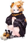  1girl abigail_williams_(fate/grand_order) alternate_hairstyle artist_name artist_request bandaid_on_forehead bangs belt black_bow black_footwear black_jacket blonde_hair blue_eyes blush bow closed_eyes fate/grand_order fate_(series) forehead hair_bow hair_bun high_collar highres jacket knees_up legs long_hair looking_at_viewer orange_bow parted_bangs polka_dot polka_dot_bow shoes simple_background sitting sleeves_past_fingers sleeves_past_wrists sneakers solo thighs white_background 