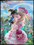  1girl black_hair blonde_hair boots bow closed_eyes clouds copyright_name doll dress flower hat highres leaf legend_of_the_cryptids long_hair official_art rainbow sky solo sparkle tree yu-han_chen 