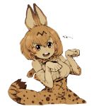  1girl :d animal_ears bangbaek bangs bare_shoulders bow bowtie breasts elbow_gloves extra_ears gao gloves hair_between_eyes high-waist_skirt kemono_friends looking_at_viewer medium_breasts open_mouth paw_pose round_teeth sepia serval_(kemono_friends) serval_ears serval_print serval_tail shirt short_hair simple_background skirt sleeveless sleeveless_shirt smile solo striped_tail tail teeth white_background 