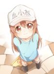  1girl bafarin bangs blue_shirt blush boots brown_eyes brown_hair character_name clothes_writing collarbone flag flat_chest hair_between_eyes hat hataraku_saibou long_hair looking_at_viewer platelet_(hataraku_saibou) rubber_boots shirt simple_background smile solo tile_floor tiles white_background white_hat 