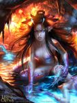 1girl angry artist_name bare_shoulders black_hair blue_eyes breasts cleavage closed_eyes copyright_name crying faceless faceless_female fantasy fire hair_ornament head_fins horns legend_of_the_cryptids legs legs_together long_hair midriff monster_girl navel official_art rock sitting solo tatiana_kirgetova tattoo teeth thighs water