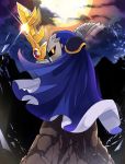  1boy afterimage cape clouds commentary_request e.o. galaxia_(sword) glint glowing highres hoshi_no_kirby kirby_(series) light mask meta_knight moon no_humans shoulder_pads sideways_glance sky star_(sky) starry_sky sword weapon yellow_eyes 
