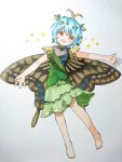  1girl :d absurdres barefoot blue_hair blush butterfly_wings dress eternity_larva full_body green_dress grey_background head_tilt highres leaf leaf_on_head looking_at_viewer open_mouth orange_eyes outstretched_arms sasa_kichi short_hair short_sleeves smile solo sparkle spread_arms standing touhou traditional_media wings 