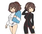  :d black_swimsuit breasts brown_eyes brown_hair cowboy_shot hair_ribbon hand_in_hair hyuuga_(kantai_collection) ise_(kantai_collection) kantai_collection large_breasts looking_at_viewer open_mouth ponytail red_ribbon ribbon seshiya short_hair simple_background skin_tight smile swimsuit white_background 