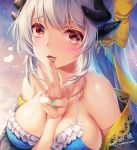  1girl aqua_nails bikini blush bow breasts dragon_girl dragon_horns eyebrows_visible_through_hair fate/grand_order fate_(series) frilled_bikini frills grey_hair heart heart-shaped_pupils horns japanese_clothes kiyohime_(fate/grand_order) kiyohime_(swimsuit_lancer)_(fate) large_breasts looking_at_viewer nail_polish open_mouth swimsuit symbol-shaped_pupils twitter_username upper_body yellow_bow youqiniang 