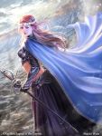  1girl artist_name back belt blonde_hair blue_eyes cape clouds copyright_name fantasy flower gloves hair_flower hair_ornament knight legend_of_the_cryptids long_hair midriff official_art shuichi_wada sky solo sparkle sword water weapon 