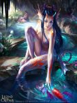  1girl artist_name bare_shoulders blue_eyes blue_hair breasts cleavage copyright_name faceless faceless_female faceless_male fantasy fish flower grass head_fins horns legend_of_the_cryptids long_hair monster_girl official_art rock sitting solo tail tatiana_kirgetova tattoo water 