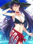  1girl bikini black_bikini blue_eyes breasts choker cleavage cross earrings fate/grand_order fate_(series) hand_behind_head hat highres jewelry large_breasts long_hair looking_at_viewer navel ocean one_eye_closed purple_hair red_sarong saint_martha saint_martha_(swimsuit_ruler)_(fate) solo sun_hat swimsuit ysk 