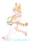  1girl :3 :d alternate_costume alternate_hairstyle animal_ears anklet ball bare_arms bare_legs bare_shoulders beachball bikini blonde_hair blush bracelet commentary extra_ears eyebrows_visible_through_hair flower from_side hair_flower hair_ornament hand_up holding holding_ball jewelry kemono_friends kemono_friends_festival looking_at_viewer looking_to_the_side mitsumoto_jouji multicolored_hair open_mouth paw_pose ponytail print_bikini sandals scrunchie serval_(kemono_friends) serval_ears serval_print serval_tail short_hair short_ponytail simple_background smile solo swimsuit tail water white_background wrist_scrunchie yellow_bikini yellow_eyes 