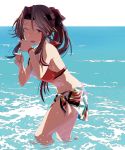  1girl ;d alternate_costume bare_shoulders beach bikini black_hairband breasts brown_eyes brown_hair hair_intakes hairband half_updo jintsuu_(kantai_collection) kantai_collection long_hair looking_at_viewer medium_breasts one_eye_closed open_mouth orange_bikini ponytail sideboob smile solo swimsuit wading you_(yawnmgmg) 