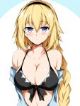  1girl absurdres arms_behind_back black_bikini_top black_hairband blonde_hair blue_eyes blush braid commentary_request fate/grand_order fate_(series) hairband highres isshii13 jeanne_d&#039;arc_(fate) jeanne_d&#039;arc_(fate)_(all) long_hair looking_at_viewer single_braid swimsuit 