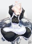  1girl apron armor arms_up azur_lane bangs black_dress blonde_hair blush braid breasts chains closed_mouth collar cowboy_shot dress frills garter_straps hair_over_one_eye head_tilt highres light_particles long_sleeves looking_at_viewer machinery maid maid_headdress medium_breasts murata_ryou rigging sheffield_(azur_lane) short_hair sidelocks signature solo thigh-highs underwear white_apron white_legwear yellow_eyes 