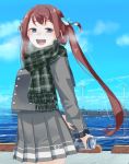  1girl :d asagumo_(kantai_collection) blue_eyes brown_hair can cowboy_shot green_scarf grey_jacket grey_skirt hair_ribbon holding holding_can jacket kantai_collection long_hair looking_at_viewer open_mouth plaid plaid_scarf pleated_skirt ribbon scarf skirt smile solo takuzui twintails 