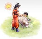  2boys ^_^ animal animal_hug ayo_(isy8800) black_eyes black_hair boots bowl_cut closed_eyes closed_eyes clothes_writing dougi dragon_ball dragonball_z facing_away father_and_son flying_nimbus full_body gradient gradient_background grass green_jacket hug jacket leg_lift long_sleeves looking_down male_focus multiple_boys profile sheep short_hair shorts simple_background smile son_gohan son_gokuu spiky_hair thought_bubble white_background wristband 