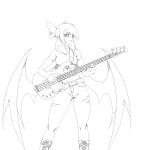  1girl absurdres bass_guitar belt bow commentary english_commentary fangs fingernails greyscale hair_bow highres holding holding_instrument instrument long_hair monochrome music original pants parted_lips playing_instrument pointy_ears reddgeist sharp_fingernails shirt short_sleeves simple_background smile solo standing vampire white_background wings 