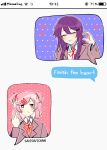  2girls :/ ^_^ artist_name closed_eyes closed_eyes commentary doki_doki_literature_club english english_commentary eyebrows_visible_through_hair frown hair_ornament hairclip heart long_hair middle_finger multiple_girls natsuki_(doki_doki_literature_club) pink_eyes pink_hair purple_hair savi_(byakushimc) school_uniform short_hair smile text_messaging two_side_up yuri_(doki_doki_literature_club) 