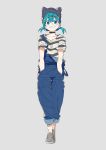  1girl aqua_eyes aqua_hair blue_eyes choker collar earrings hair_between_eyes hands_in_pockets hat highres jewelry looking_at_viewer low_twintails machi_(wm) original overalls pants pants_rolled_up shirt shoes short_hair smile solo standing striped striped_shirt suspenders twintails 