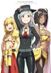  3girls adjusting_clothes adjusting_hat adonis_belt ahoge armor bangs bikini_armor black_gloves black_hat black_pants blazer blonde_hair blush breasts brown_hair buttons cape cleavage cloba cowboy_shot dark_skin edmond_dantes_(fate/grand_order) fate/grand_order fate_(series) fingerless_gloves genderswap genderswap_(mtf) gilgamesh gloves grey_hair grin hand_on_hip hat highres jacket jewelry long_hair long_sleeves looking_at_viewer medium_breasts multiple_girls navel necklace open_mouth ozymandias_(fate) pants red_eyes red_neckwear shirt small_breasts smile standing tattoo white_cape white_shirt yellow_eyes 