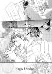  1boy 1girl bed belt blush breath closed_eyes collared_shirt comic couple curtains english face-to-face facial_hair flower greyscale hair_slicked_back hand_on_another&#039;s_face happy_birthday hetero highres hug jacket kiss labcoat lamp long_hair makise_kurisu monochrome motomotosakana off_shoulder okabe_rintarou open_mouth pillow shirt short_hair short_shorts shorts smile steins;gate straight_hair stubble 