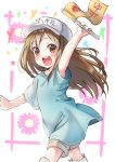  1girl :d arm_up bangs blue_shirt blush boots brown_eyes brown_hair character_name clothes_writing commentary_request eyebrows_visible_through_hair flag flat_cap grey_shorts hat hataraku_saibou highres holding holding_flag knee_boots long_hair looking_at_viewer open_mouth outstretched_arm platelet_(hataraku_saibou) round_teeth shirt short_shorts short_sleeves shorts smile solo teeth tsukiman upper_teeth very_long_hair white_hat 