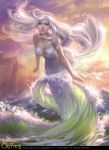  1girl artist_name breasts cleavage clouds copyright_name green_eyes legend_of_the_cryptids long_hair official_art sky solo sparkle tatiana_kirgetova water white_hair 