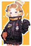  ! 1girl abigail_williams_(fate/grand_order) bangs black_bow black_jacket blonde_hair blue_eyes blush bow chestnut_mouth english fate/grand_order fate_(series) hair_bow hair_bun hand_up hoshi_usagi jacket long_hair long_sleeves looking_at_viewer object_hug orange_bow outline parted_bangs parted_lips polka_dot polka_dot_bow sleeves_past_fingers sleeves_past_wrists solo sparkle stuffed_animal stuffed_toy teddy_bear white_outline 