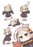  1girl :&gt; :d ? abigail_williams_(fate/grand_order) absurdres balloon bangs black_bow black_jacket blue_eyes blush bow chibi closed_eyes closed_mouth commentary_request ebi_gohan facing_viewer fate/grand_order fate_(series) hair_bow head_tilt highres holding holding_balloon holding_stuffed_animal jacket light_brown_hair long_hair long_sleeves lying medjed multiple_views object_hug on_stomach open_mouth orange_bow parted_bangs parted_lips polka_dot polka_dot_bow red_footwear running sleeping sleeves_past_fingers sleeves_past_wrists smile standing stuffed_animal stuffed_toy teddy_bear zzz 