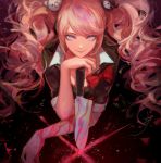  1girl artist_name bear_hair_ornament blonde_hair blue_eyes bow breasts callarinc dangan_ronpa dangan_ronpa_1 enoshima_junko hair_ornament highres knife long_hair looking_at_viewer nail_polish necktie pink_blood red_bow red_nails shirt sleeves_rolled_up smile solo twintails upper_body 