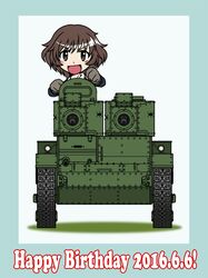  1girl 7tp akiyama_yukari blue_background brown_eyes brown_hair caterpillar_tracks english girls_und_panzer ground_vehicle military military_vehicle motor_vehicle ooarai_military_uniform oosaka_kanagawa open_mouth short_hair smile tank 