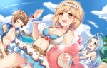  1boy 2girls :d ahoge ball bangs bare_shoulders beachball blonde_hair blue_eyes blue_hair blue_jacket blue_sky blush breasts brown_eyes brown_hair cleavage closed_eyes clouds cloudy_sky collarbone commentary_request day djeeta_(granblue_fantasy) dress eyebrows_visible_through_hair gran_(granblue_fantasy) granblue_fantasy grin head_tilt innertube jacket long_hair looking_at_viewer lyria_(granblue_fantasy) medium_breasts multiple_girls navel navel_cutout omuretsu open_clothes open_jacket open_mouth outdoors parted_bangs red_innertube sky sleeveless sleeveless_dress smile swimsuit transparent very_long_hair white_dress white_swimsuit 