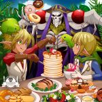  1girl 2boys :q ahoge ainz_ooal_gown aura_bella_fiora bird blonde_hair blue_eyes blush brown_gloves commentary_request cookie croissant doughnut eating food fork gloves grass green_eyes heterochromia holding holding_fork hood hood_up k-ta lich mare_bello_fiore multiple_boys necromancer overlord_(maruyama) pancake parrot plate pointy_ears short_hair skeleton skull smile table tongue tongue_out vest white_gloves white_vest 