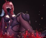  1girl bodysuit breasts commentary_request covered_mouth embers face_mask fate/grand_order fate_(series) feng_mouren gae_bolg highres large_breasts long_hair looking_at_viewer mask pauldrons polearm purple_hair red_eyes scathach_(fate)_(all) scathach_(fate/grand_order) shoulder_armor sitting solo weapon 